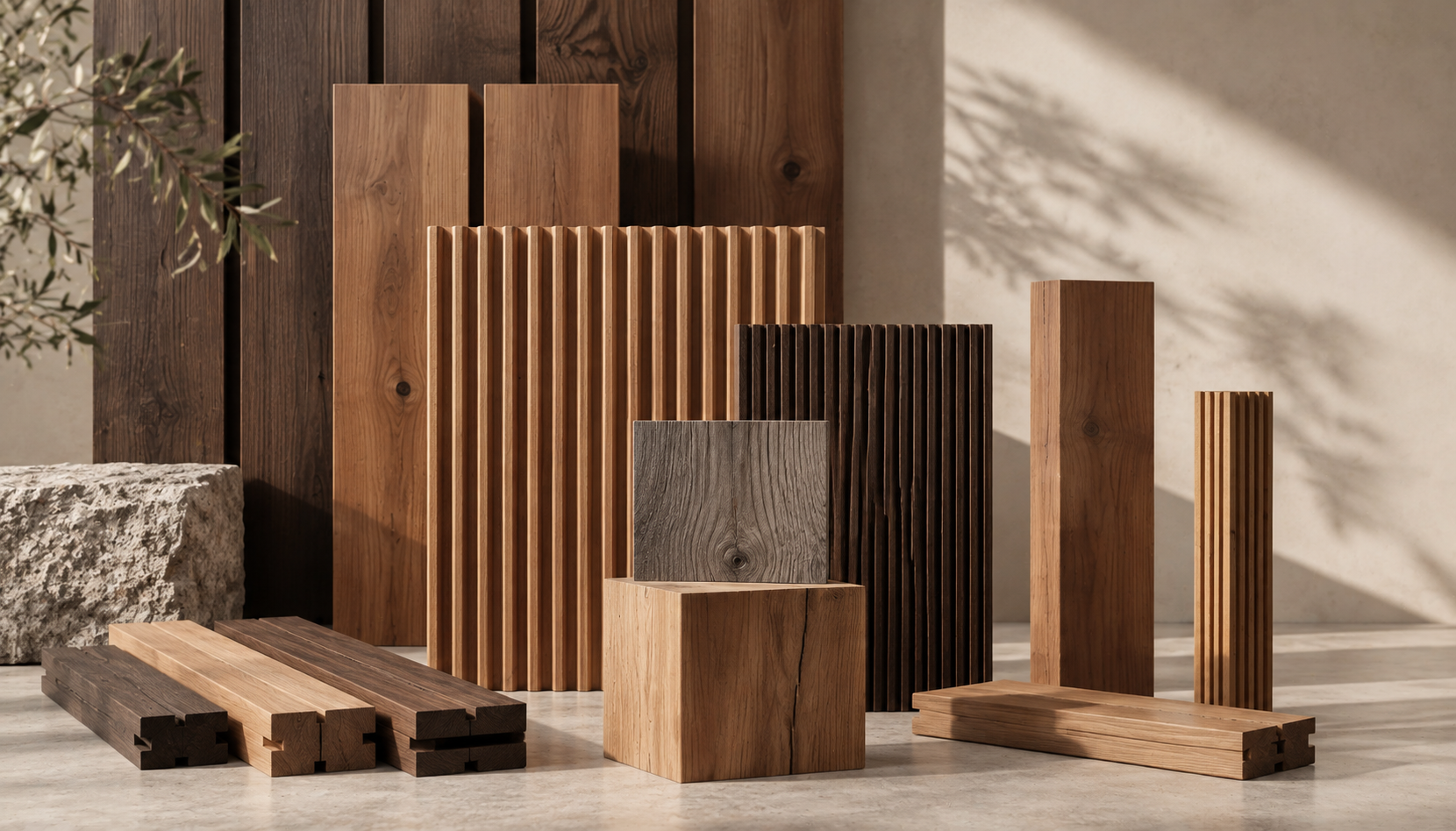 Arrangement of thermally modified timber samples in cladding, decking, and batten profiles